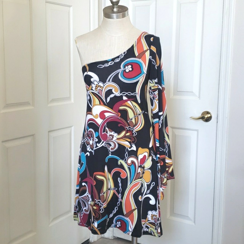 💐Vintage 90s Psychedelic One Shoulder Bell Sleeve Dress Black Multicolor MEDIUM - Picture 2 of 12